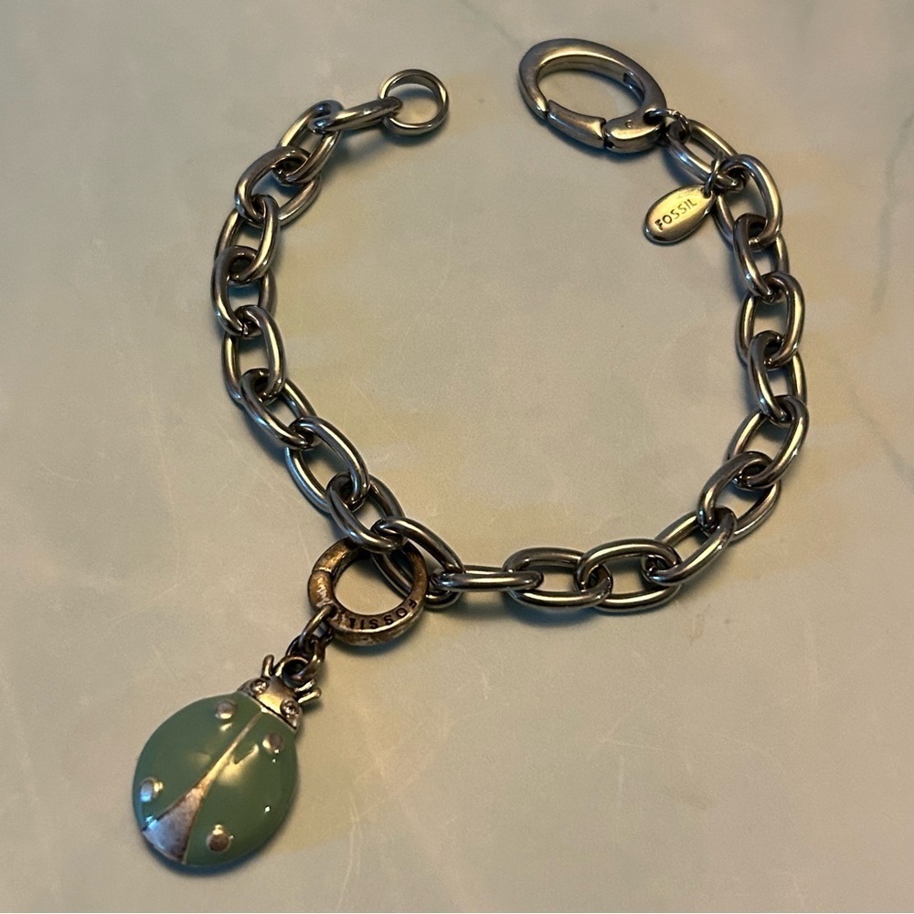 Fossil Silver and Green Beatle Charm Bracelet